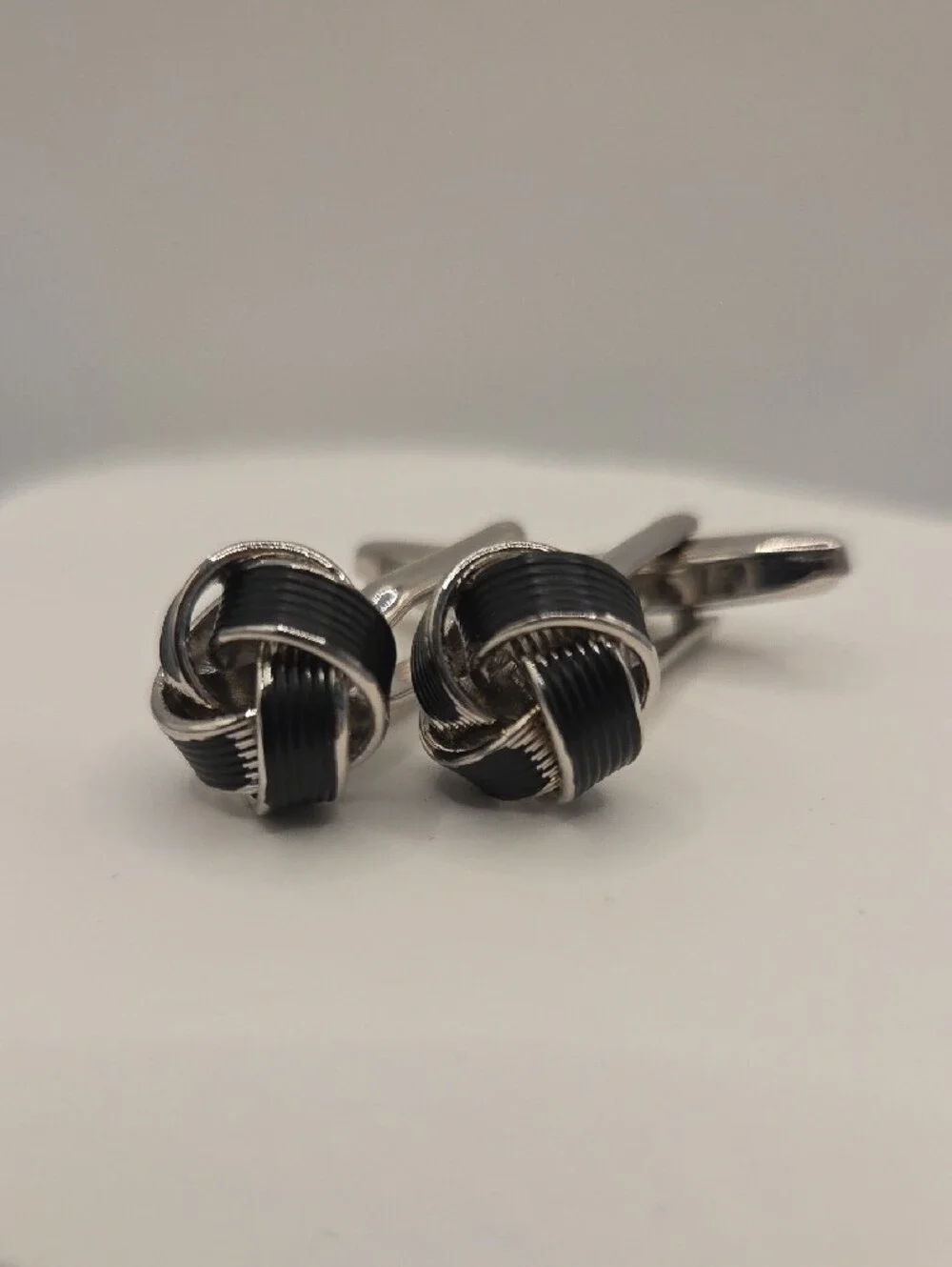 MEL New York Men's Black & Silver Knot Cufflinks Stainless Steel Bullet Back